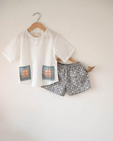 Sleepover Party’ unisex kids set with patch pocket kurta and shorts in grey moon chase hand block print - Totdot