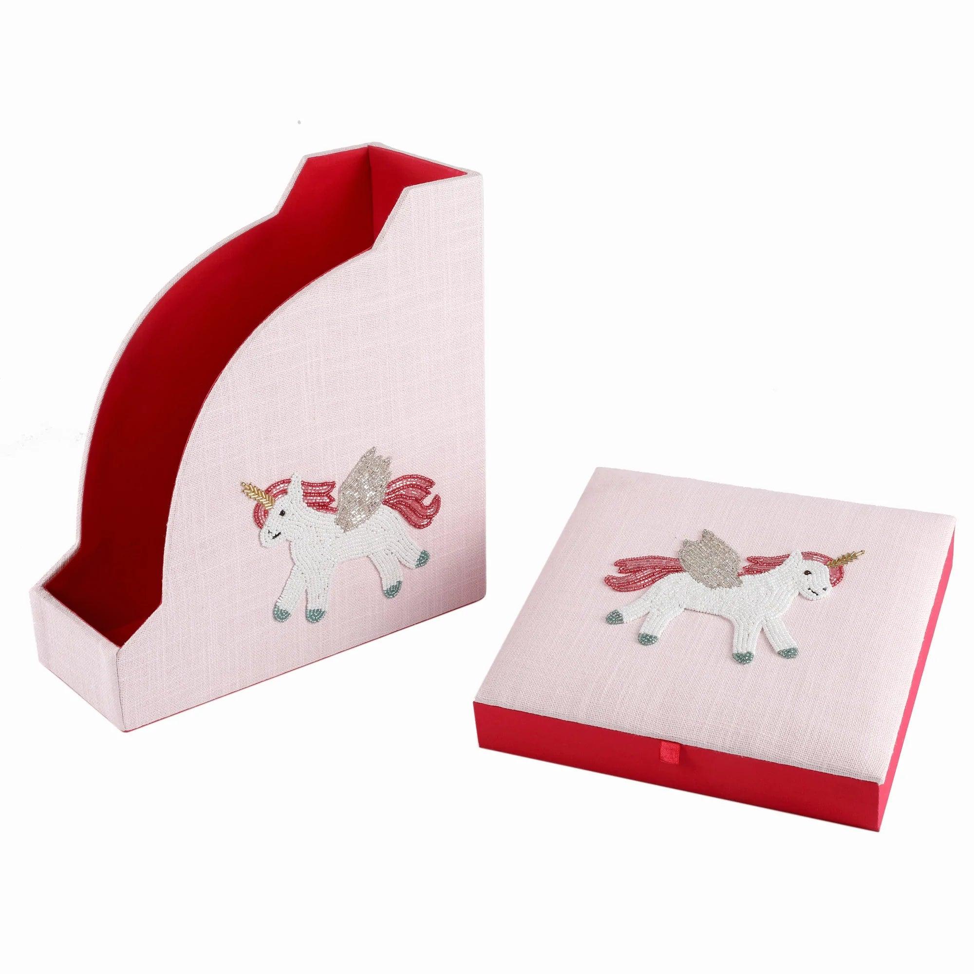 Unicorn Set of 2 Book / Magazine Holder With Stationary Tray - Totdot