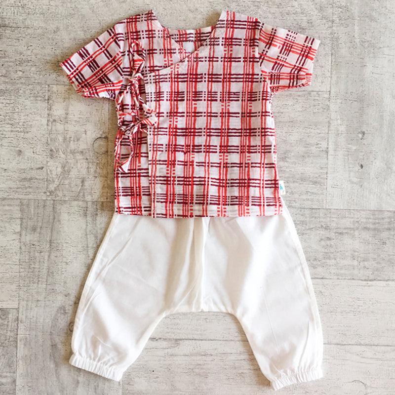 UNISEX ORGANIC CHECKS PRINT ANGARAKHA TOP + WHITE PANTS - Totdot