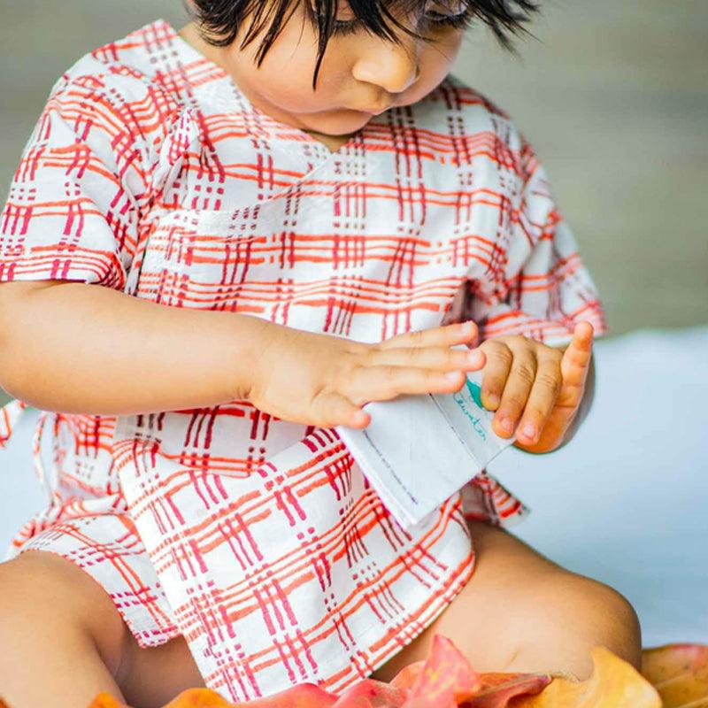 UNISEX ORGANIC CHECKS PRINT ANGARAKHA TOP + WHITE PANTS - Totdot