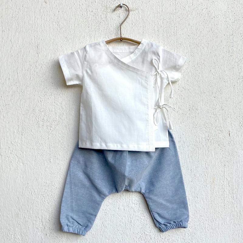 UNISEX ORGANIC ESSENTIAL WHITE ANGRAKHA TOP + BLUE CHAMBRAY PANTS - Totdot