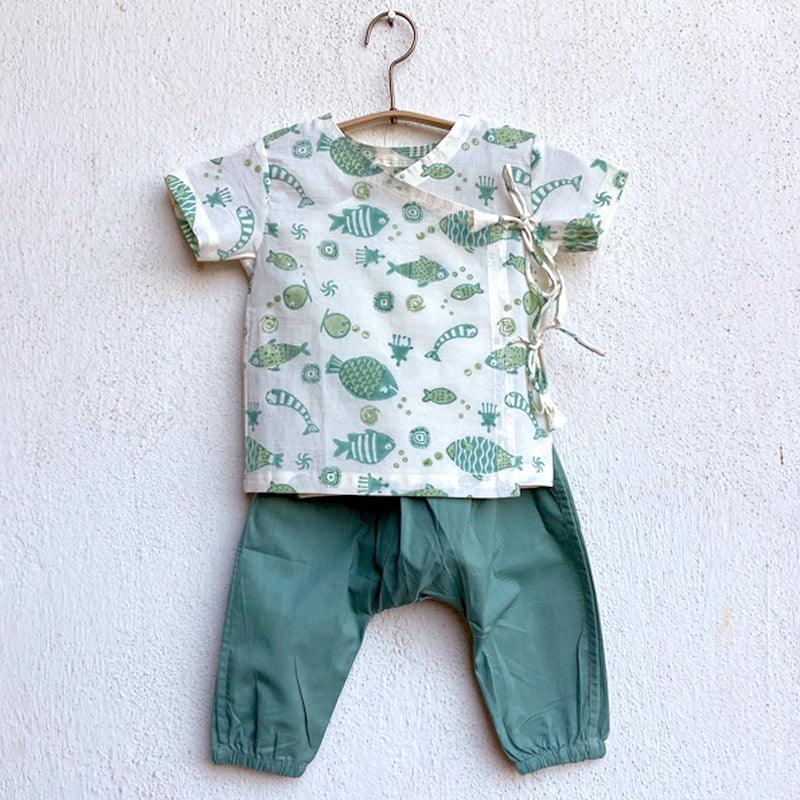 UNISEX ORGANIC FISH PRINT ANGARAKHA TOP + MINT PANTS - Totdot