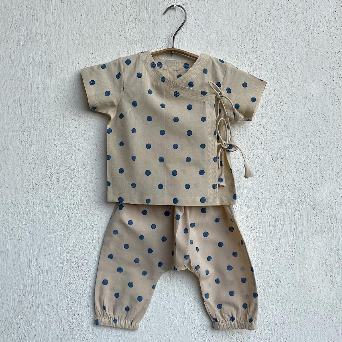 UNISEX ORGANIC INDIGO BEIGE POLKA ANGRAKHA + POLKA PANTS - Totdot