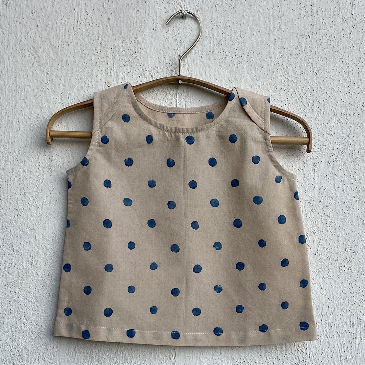 UNISEX ORGANIC INDIGO BEIGE POLKA JHABLA WITH POLKA PANTS - Totdot