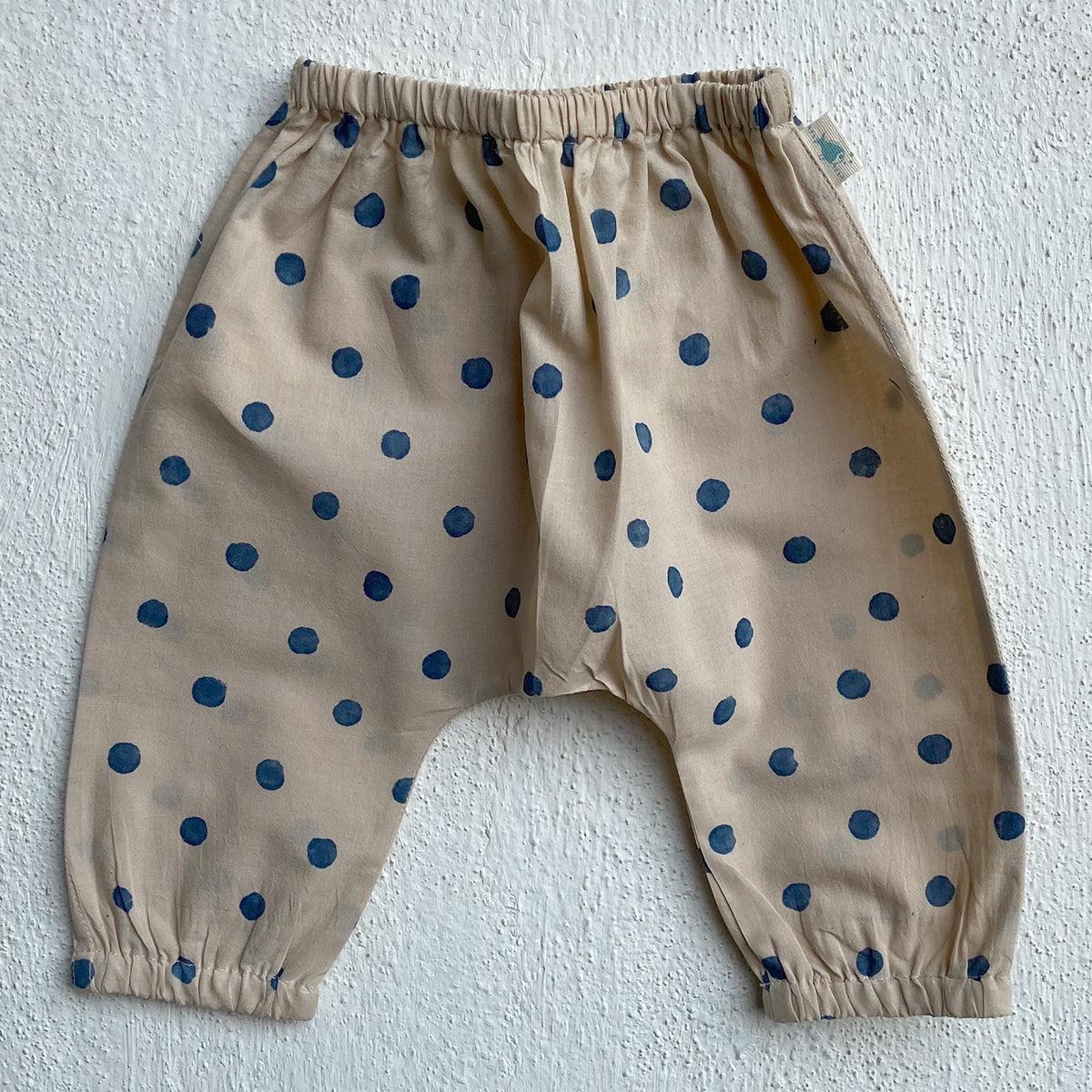 UNISEX ORGANIC INDIGO BEIGE POLKA JHABLA WITH POLKA PANTS - Totdot