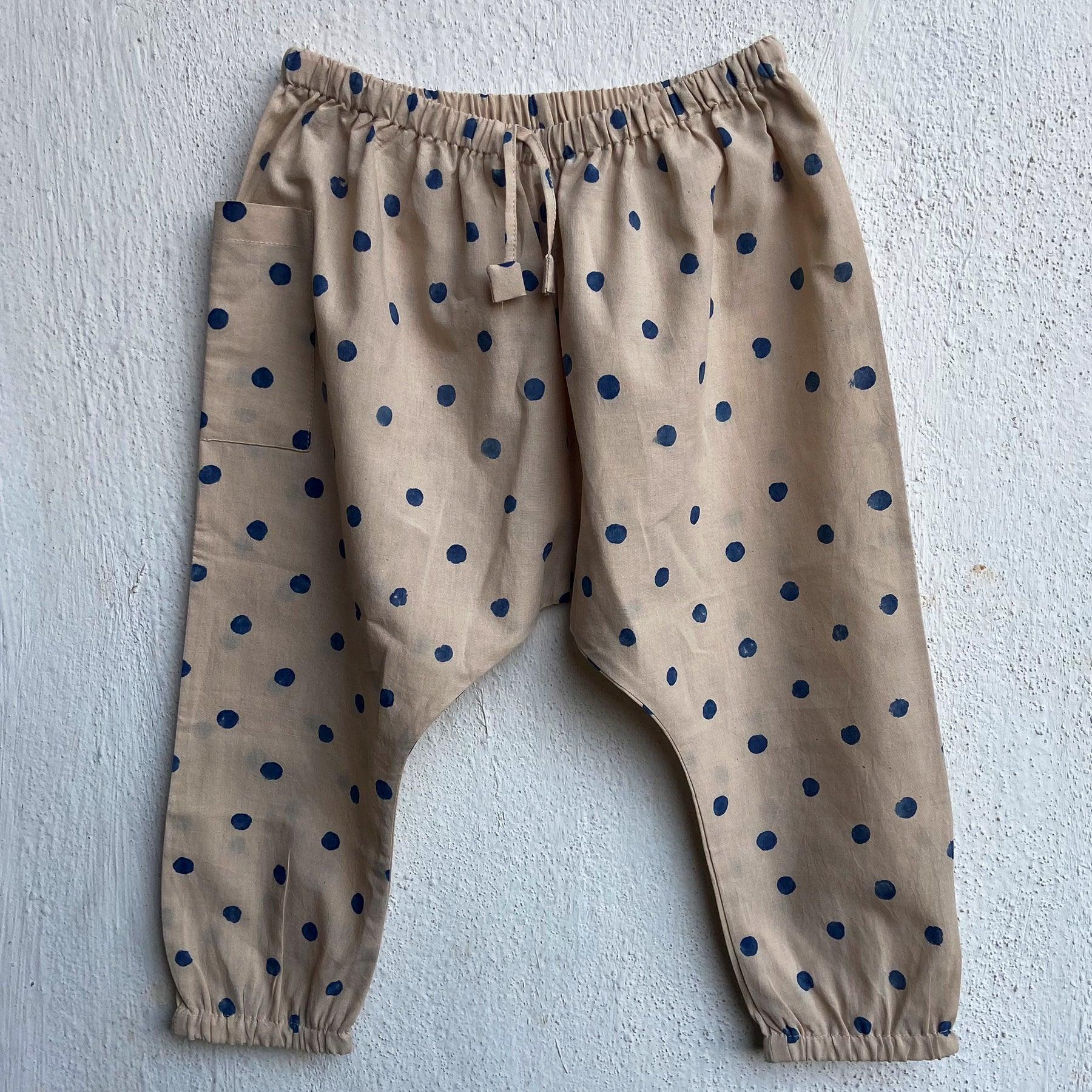 UNISEX ORGANIC INDIGO BEIGE POLKA JHABLA WITH POLKA PANTS - Totdot