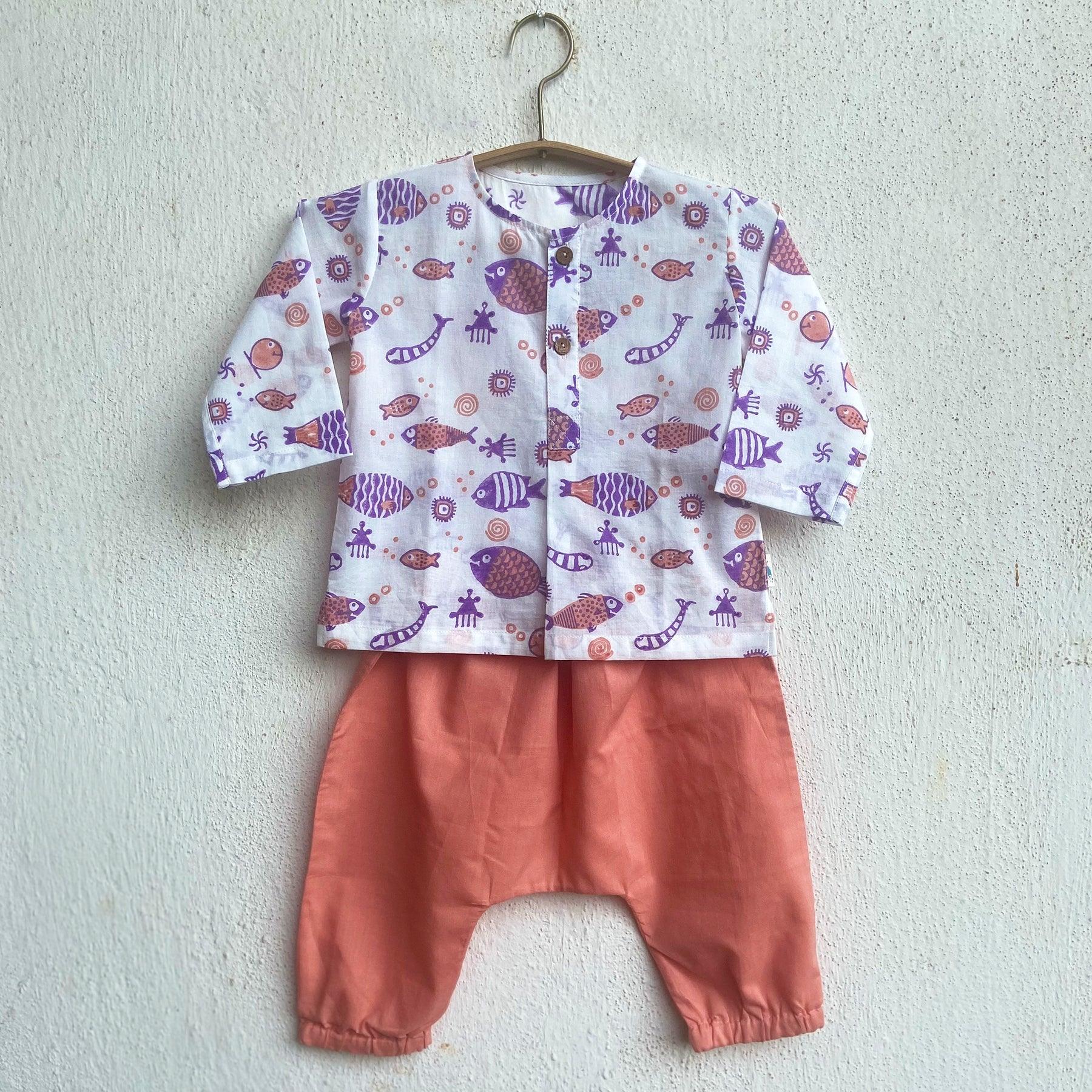 UNISEX ORGANIC KOI PEACH PRINT KURTA + PANTS - Totdot