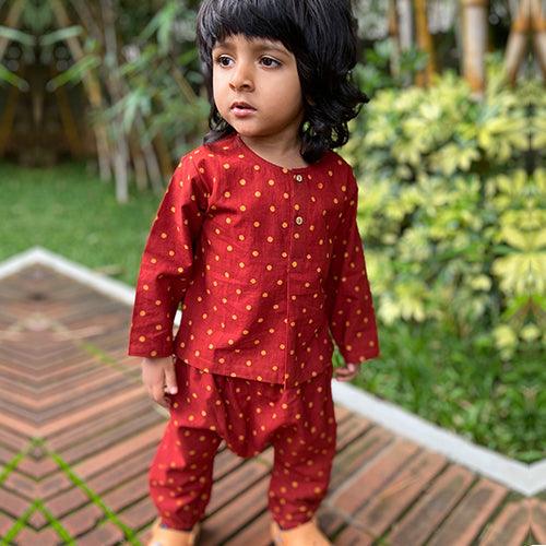 UNISEX ORGANIC MADDER RAIDANA PRINT KURTA + PANTS - Totdot