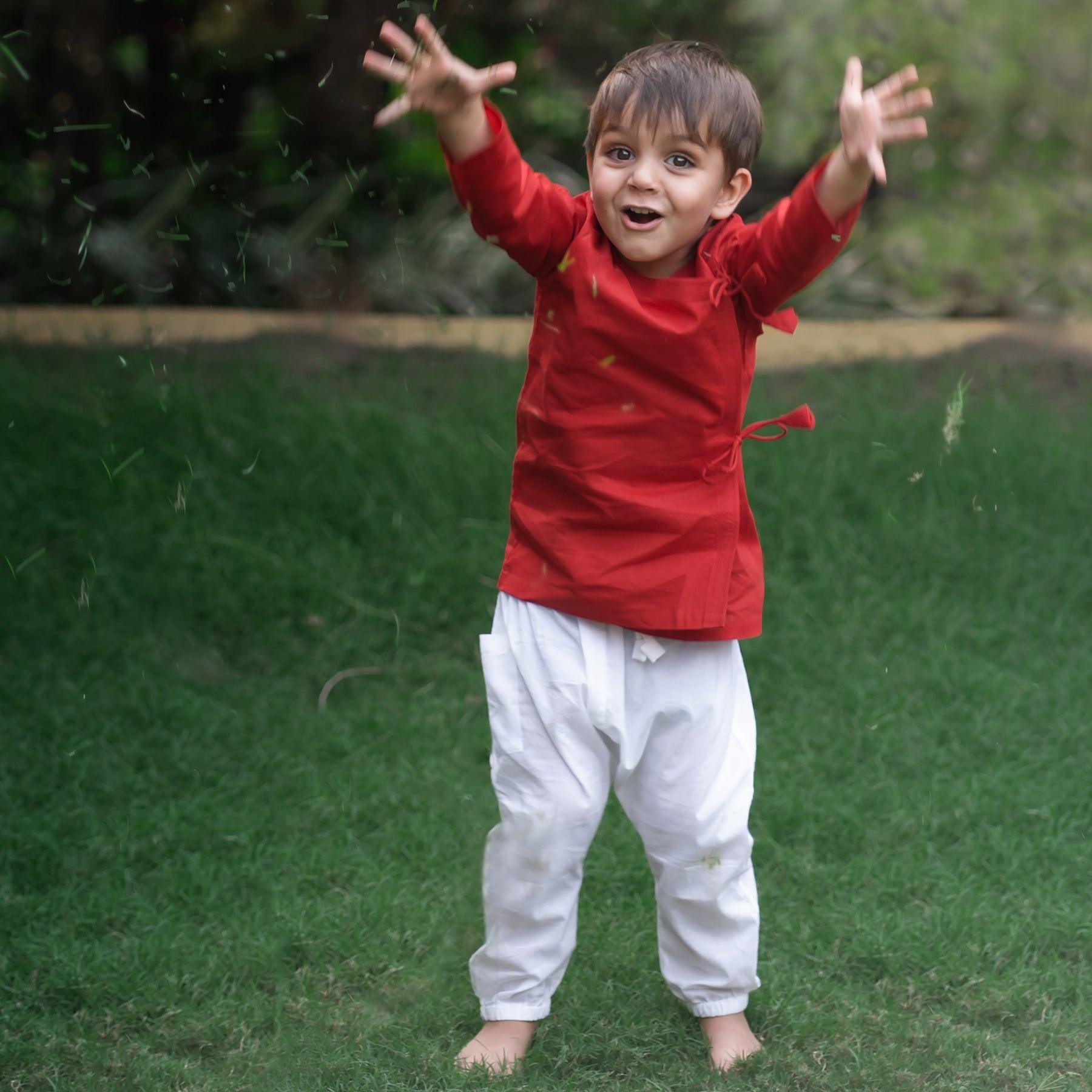 UNISEX ORGANIC RED ANGRAKHA + WHITE PANTS - Totdot