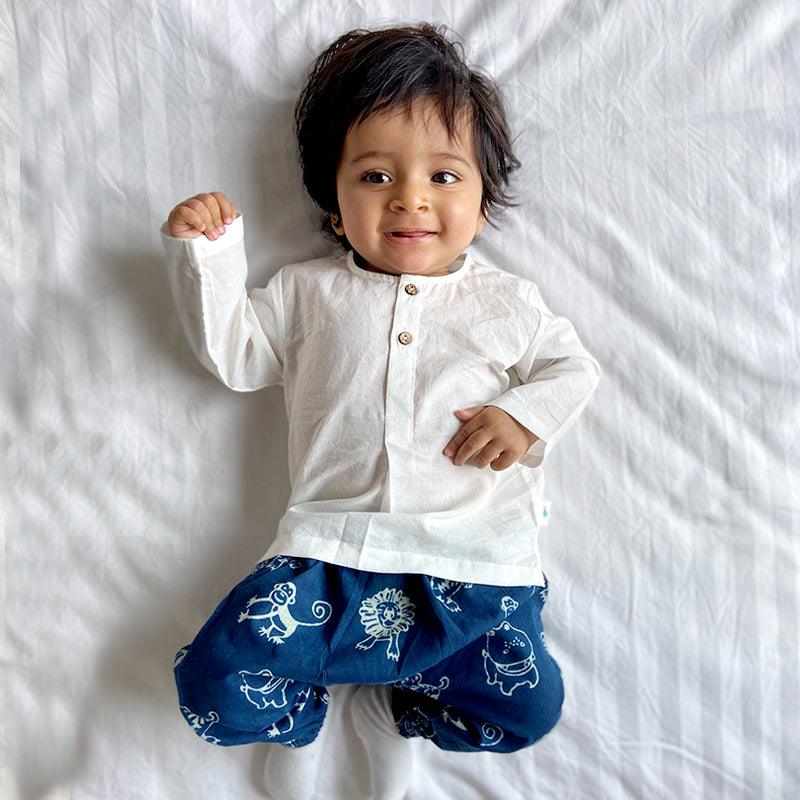 UNISEX ORGANIC WHITE KURTA + ZOO PRINT INDIGO PANTS - Totdot