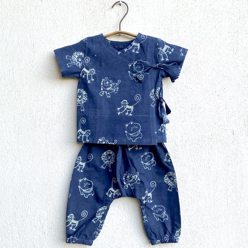 UNISEX ORGANIC ZOO PRINT INDIGO ANGARAKHA TOP + PANTS - Totdot