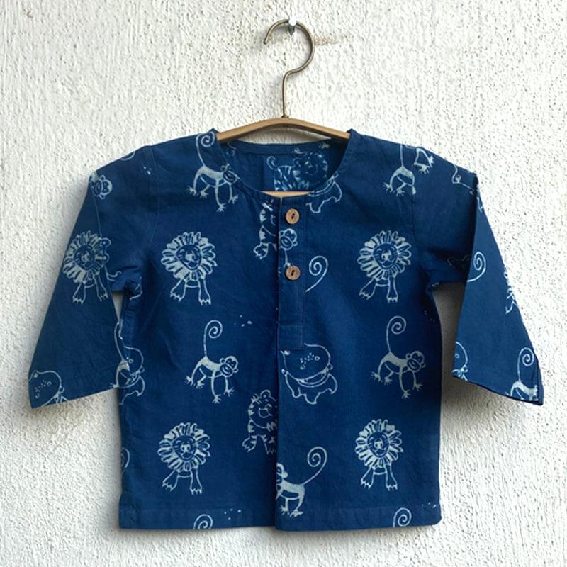 UNISEX ORGANIC ZOO PRINT INDIGO KURTA + PANTS - Totdot