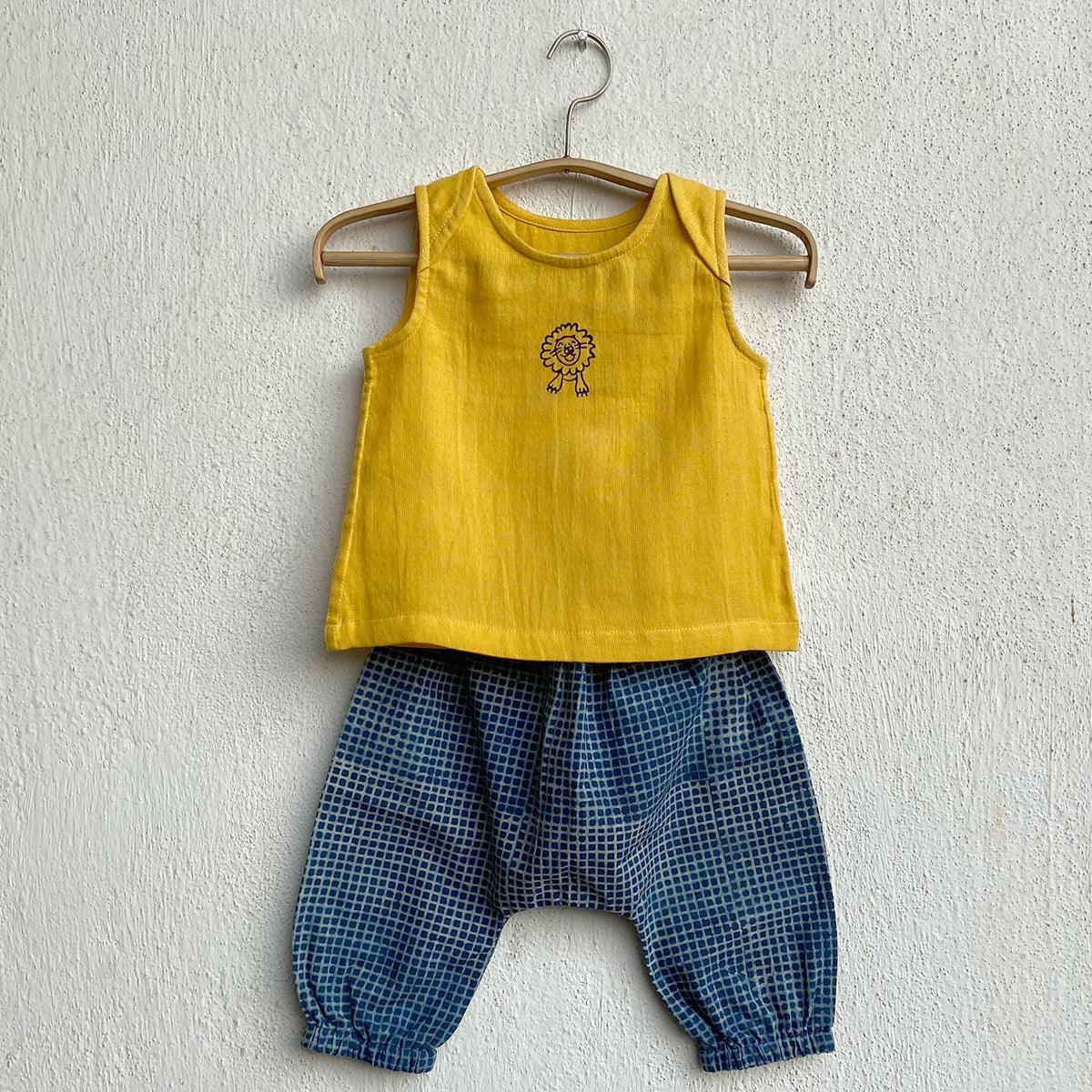 UNISEX ORGANIC ZOO YELLOW JHABLA WITH INDIGO CHECK PANTS - Totdot