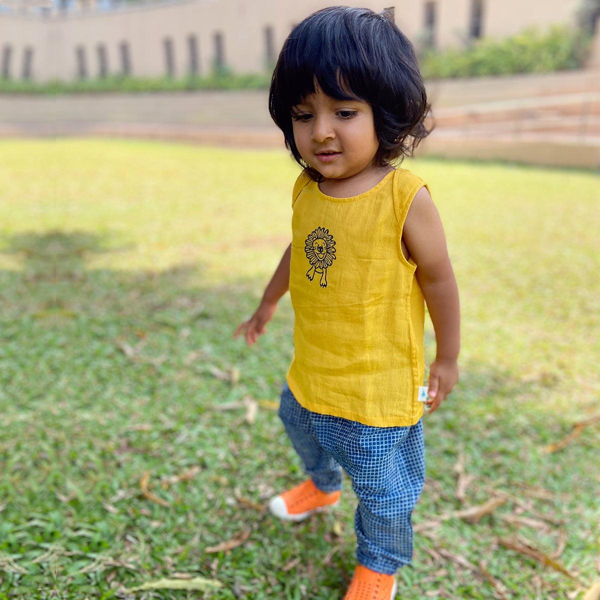 UNISEX ORGANIC ZOO YELLOW JHABLA WITH INDIGO CHECK PANTS - Totdot