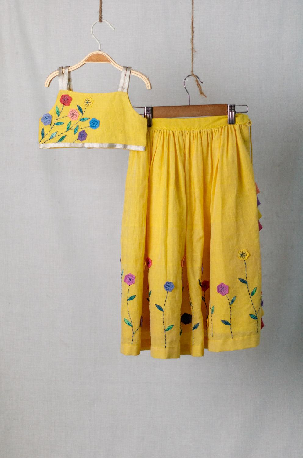 Vamika- Girls Handloomed Cotton Yellow Lehenga Set - Totdot