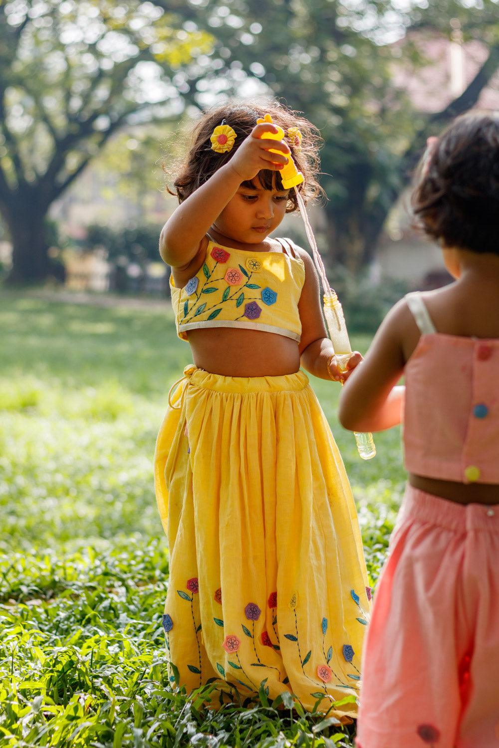 Vamika- Girls Handloomed Cotton Yellow Lehenga Set - Totdot