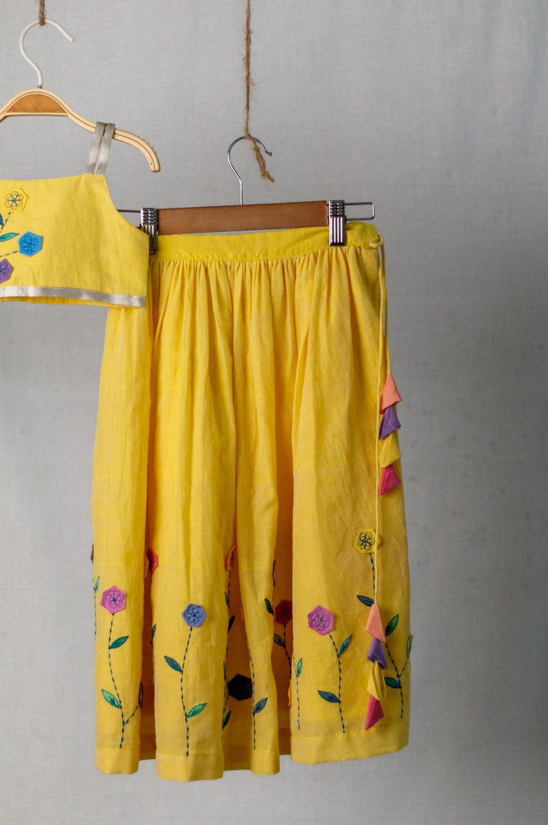 Vamika- Girls Handloomed Cotton Yellow Lehenga Set - Totdot