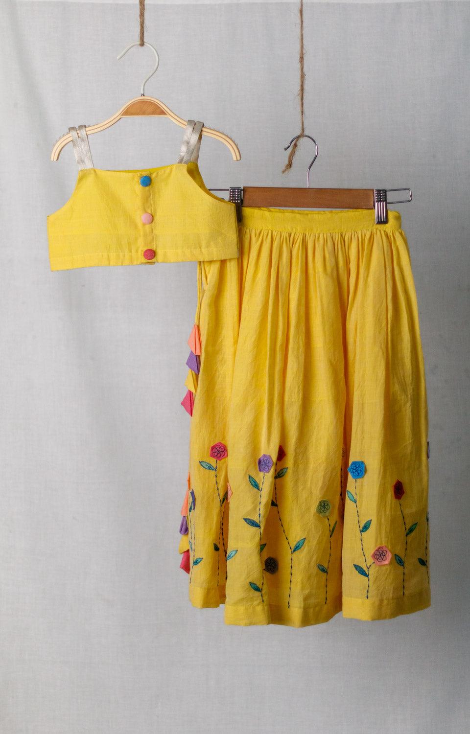 Vamika- Girls Handloomed Cotton Yellow Lehenga Set - Totdot