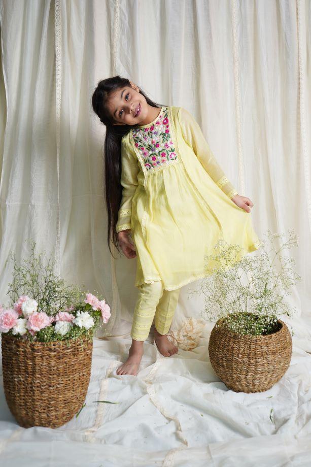 Yellow Bouvardia Kurta Set For Girls - Totdot